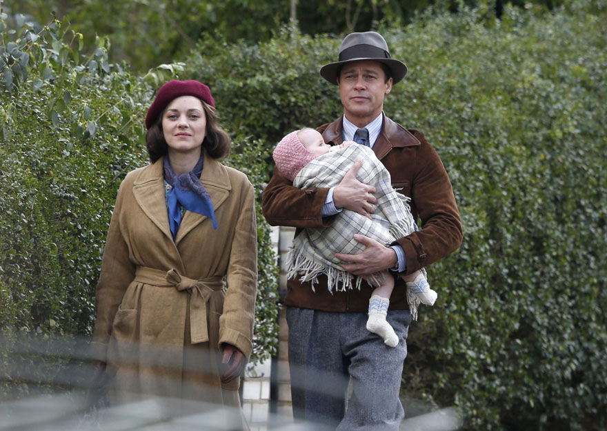 Mandatory Credit: Photo by Beretta/Sims/REX/Shutterstock (5622106dm) Marion Cotillard and Brad Pitt with a baby 'Five Seconds of Silence' on set filming, London, Britain - 31 Mar 2016
