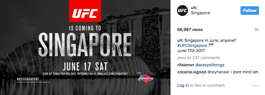 UFC comes to Singapore on 17 June 2017 / Photo: Instagram
