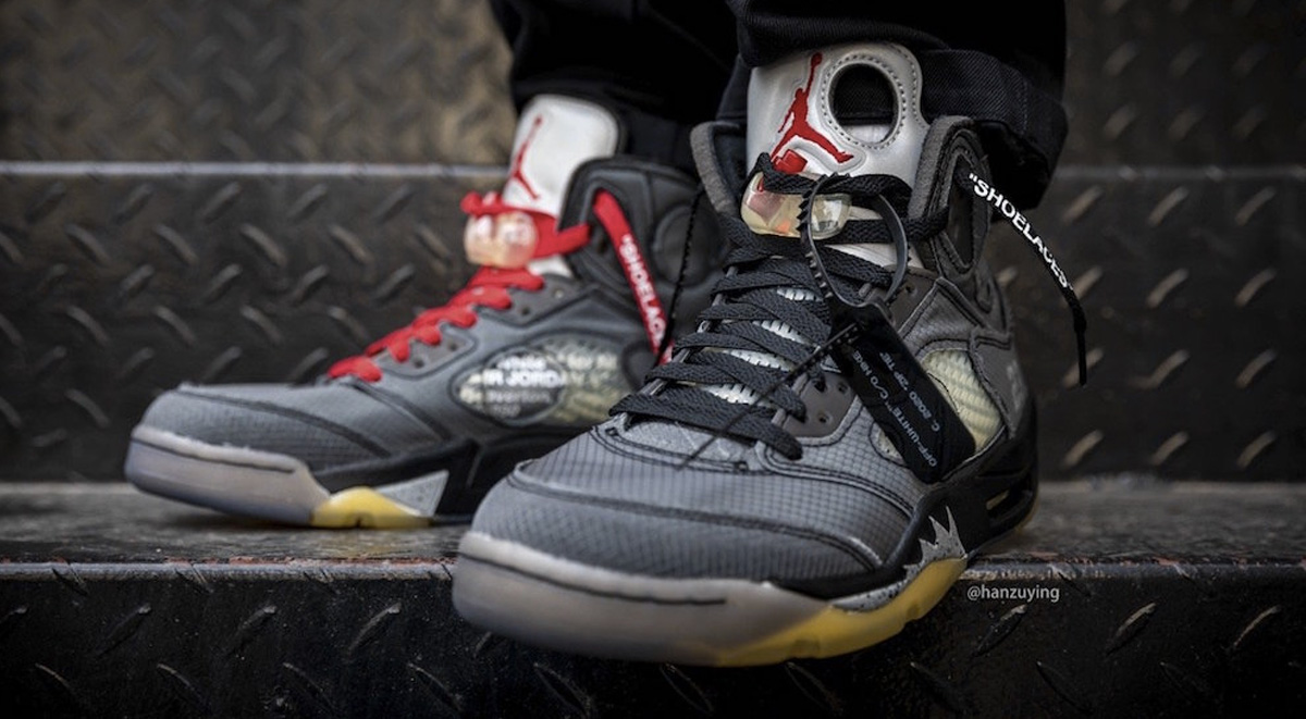off-white x air jordan 5 on feet look 2019 laces combination images
