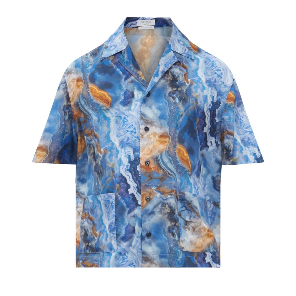 pantone 2020 blue Shopping Guide Deveaux marble print cuban collar silk shirt