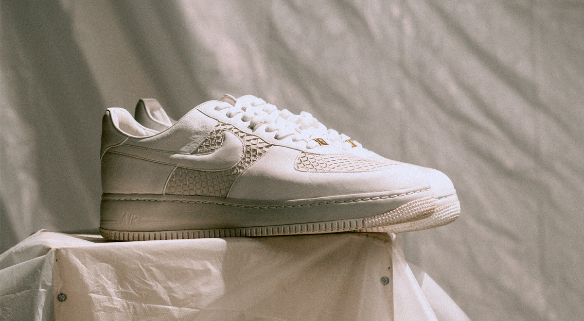 Dexter's most valuable sneaker, the white-on-white Anaconda Lux Air Force 1. 