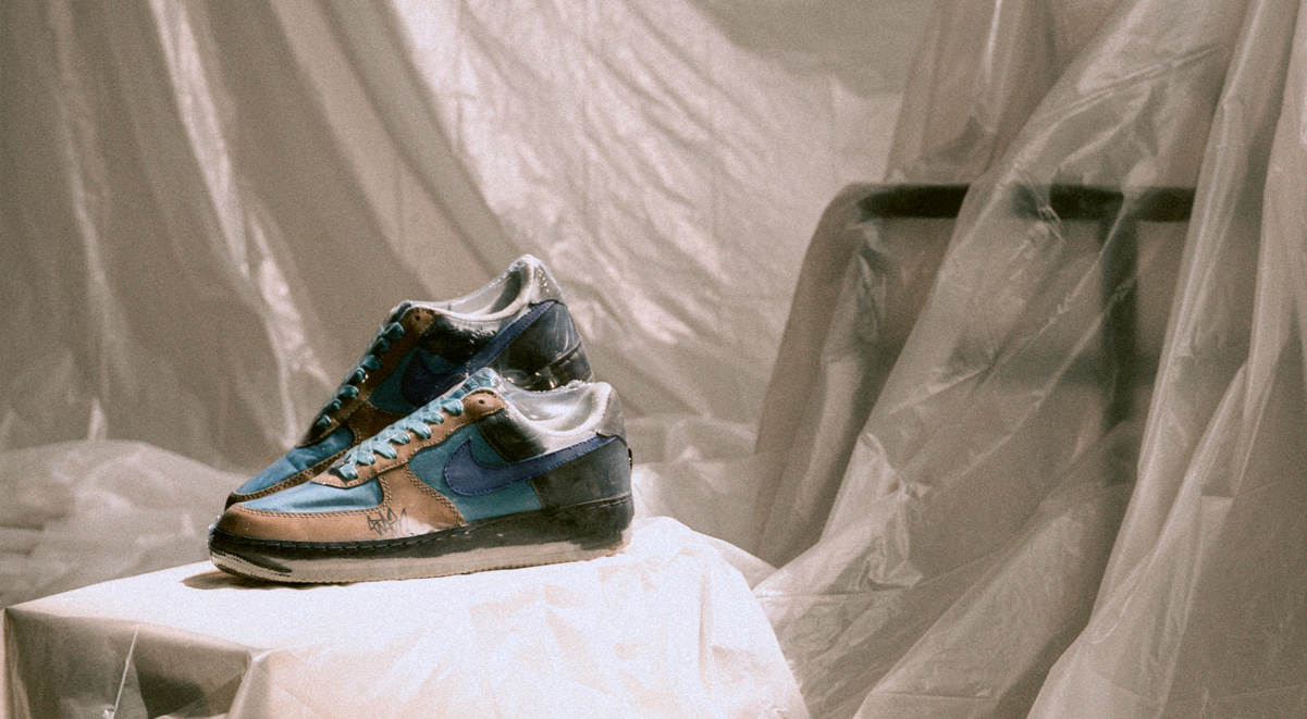 Dexter's shrink wrapped pair of Stash x Nike Air Force 1.
