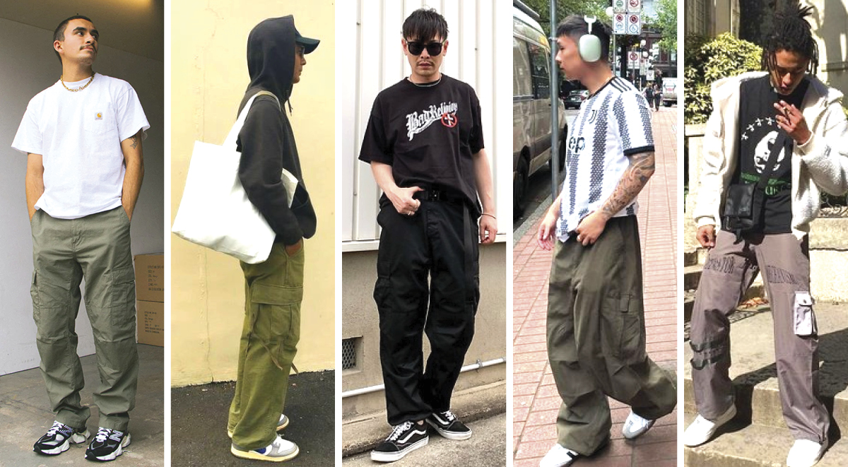The image showcases five individuals wearing cargo pants