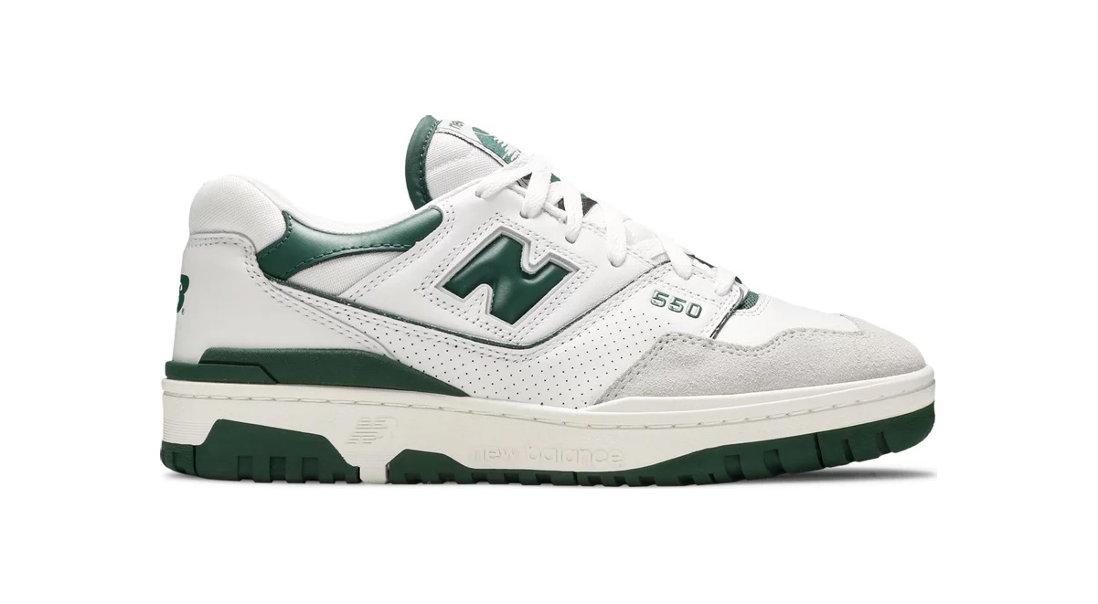One of the best low top sneakers to pair with shorts, the New Balance 550 'White Green'. 
