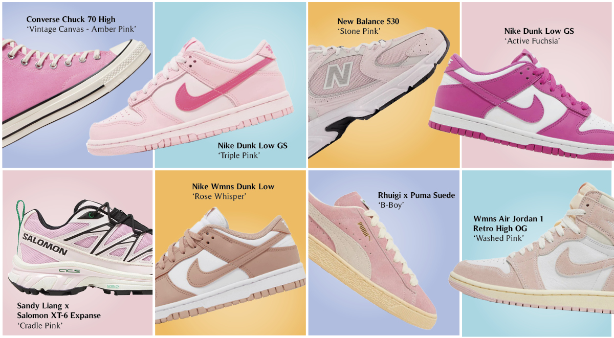 Pink sneakers by Nike, New Balance, Converse, Puma and Salomon.