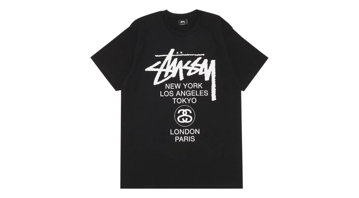 One of the best streetwear t-shirts for men in 2023, the Stussy World Tour Tee 'Black'.