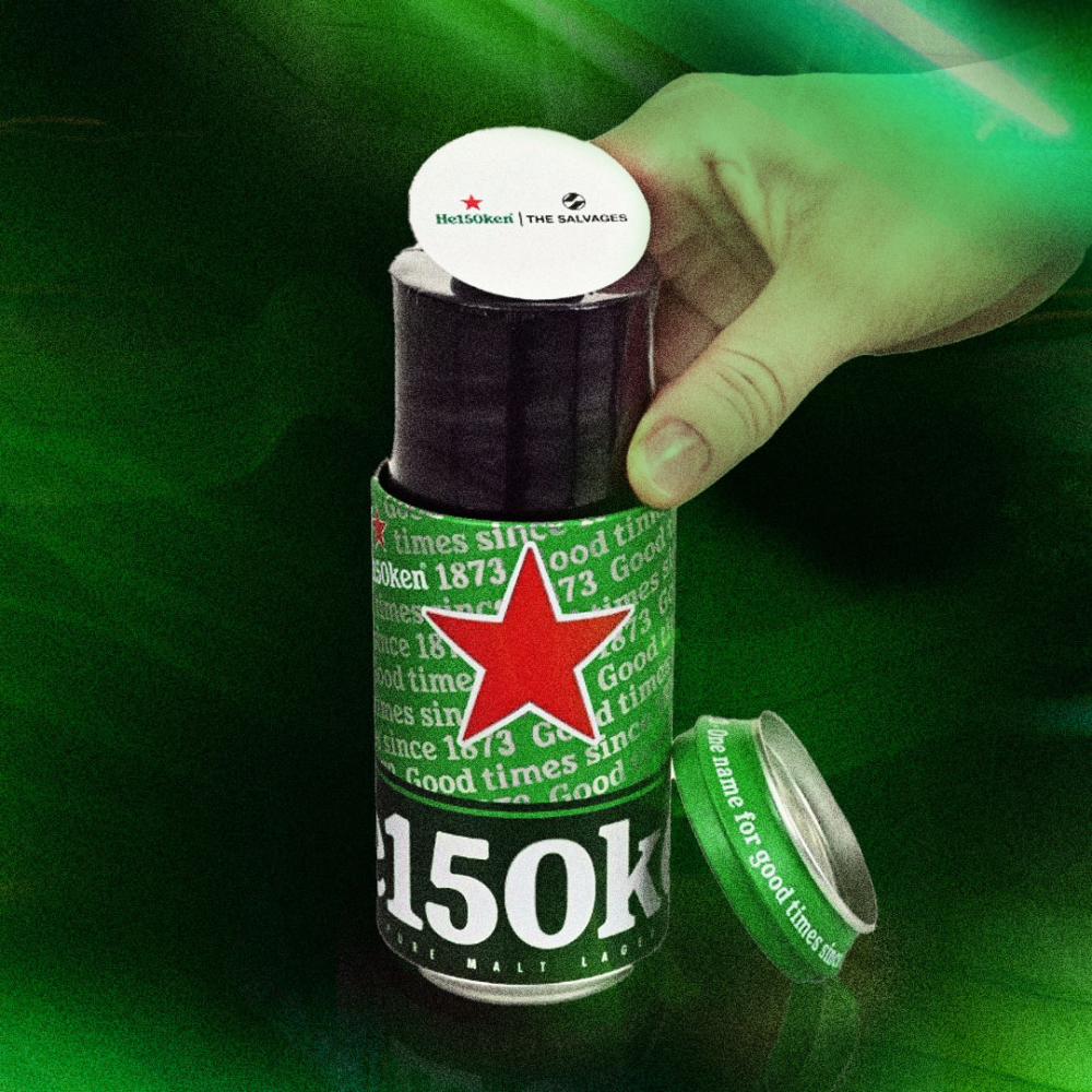 A compressed t-shirt in the commemorative He150ken can from the Heineken x The Salvages collaboration. 