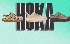 Sneakers by Hoka One One, a brand that has risen to mainstream popularity.